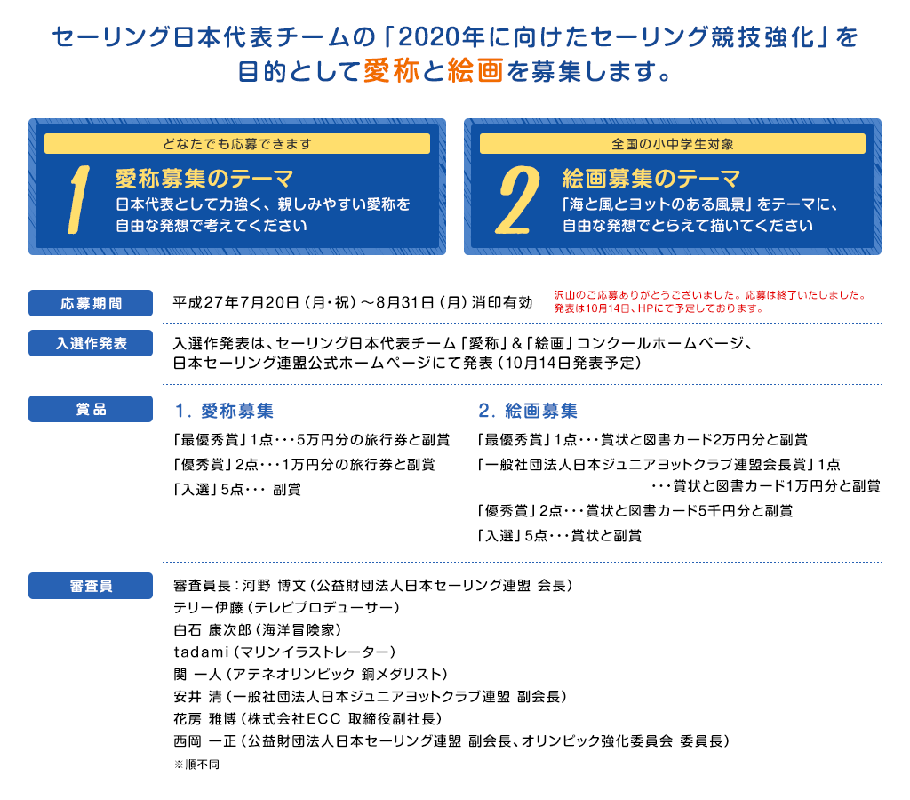 セーリング日本代表チームの「2020年に向けたセーリング競技強化」を目的として愛称と絵画を募集します。